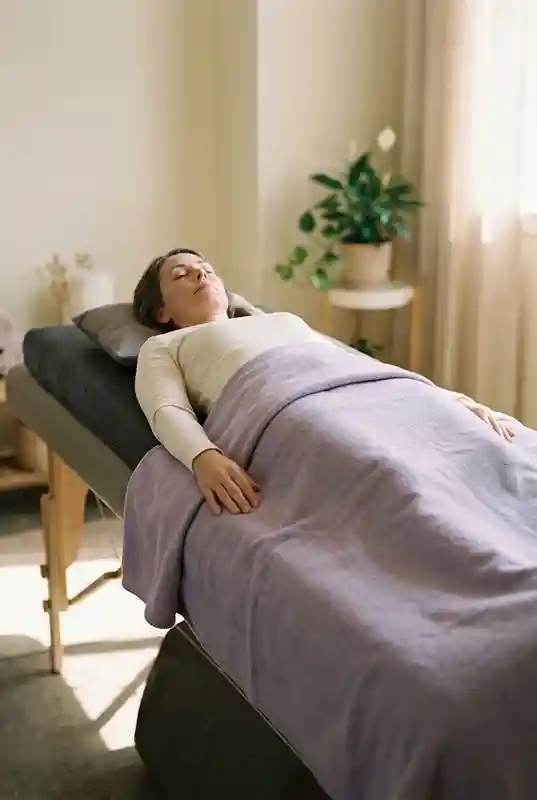 Woman resting fully clothed on a vibroacoustic therapy mat with her eyes closed